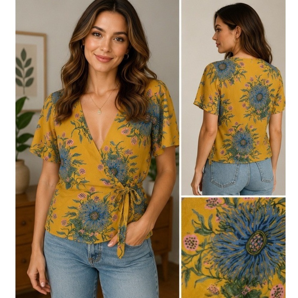 Madewell Silk Wrap Top Women S Mustard Floral Boho Botanical V-Neck Short Sleeve